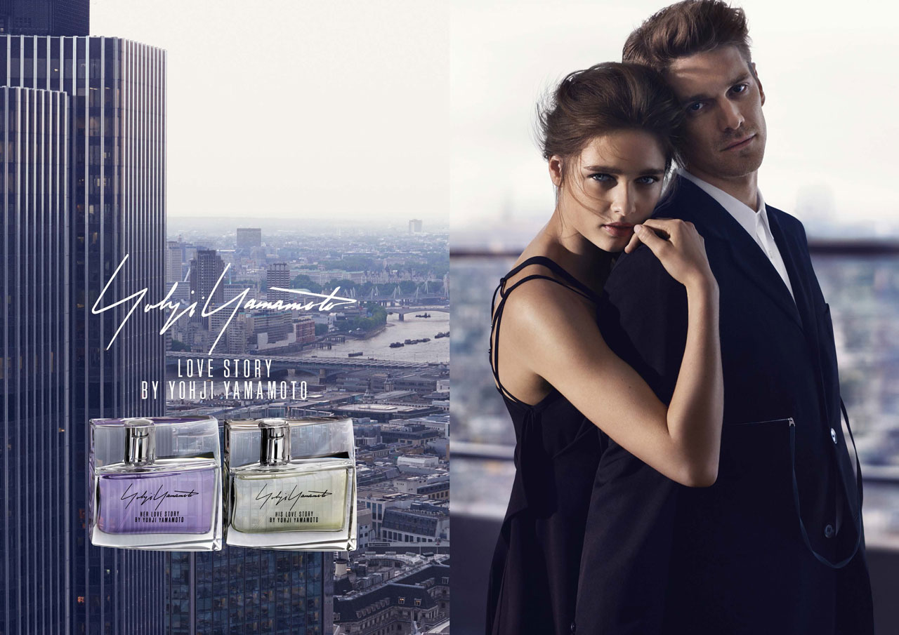 Love Story fragrance campaign with city view and two models